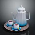 Blue White Gradient Teapot and Blue Teacups on Wooden Tray with Saucers and Tea Bags for Daily Use