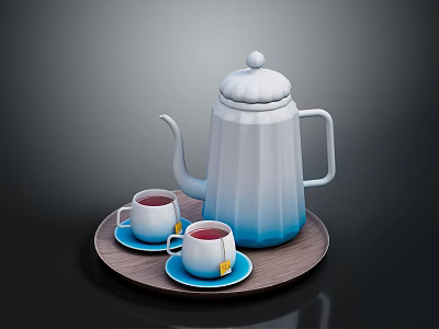Blue White Gradient Teapot and Blue Teacups on Wooden Tray with Saucers and Tea Bags for Daily Use 3d model