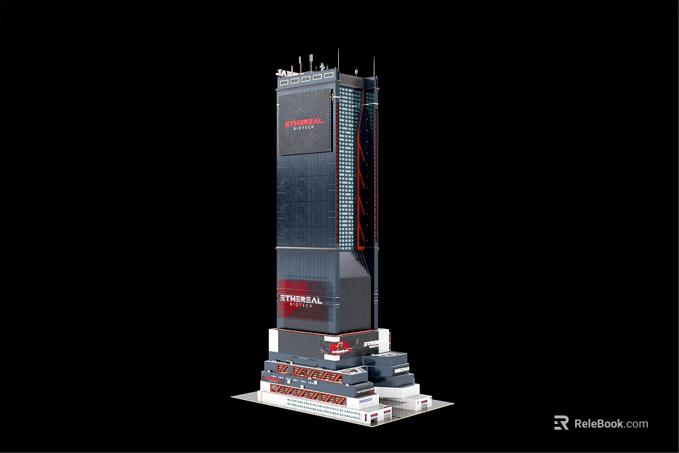 Modern High Rise Office Building With Glass Curtain Wall And Company Logo 3d model 