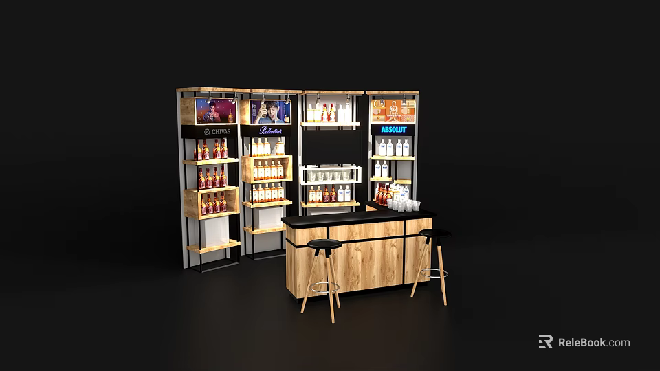 Modern Wooden Bar Counter With Shelves Holding Colorful Beverage Bottles And High Stools 3d model 