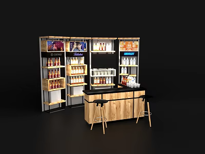 Modern Wooden Bar Counter With Shelves Holding Colorful Beverage Bottles And High Stools 3d model