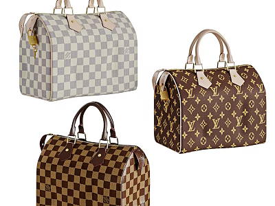 Stylish Travel Luggage Bags With Checkered And Monogram Patterns In Gray And Brown Tones 3d model