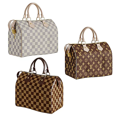 Stylish Travel Luggage Bags With Checkered And Monogram Patterns In Gray And Brown Tones 3d model