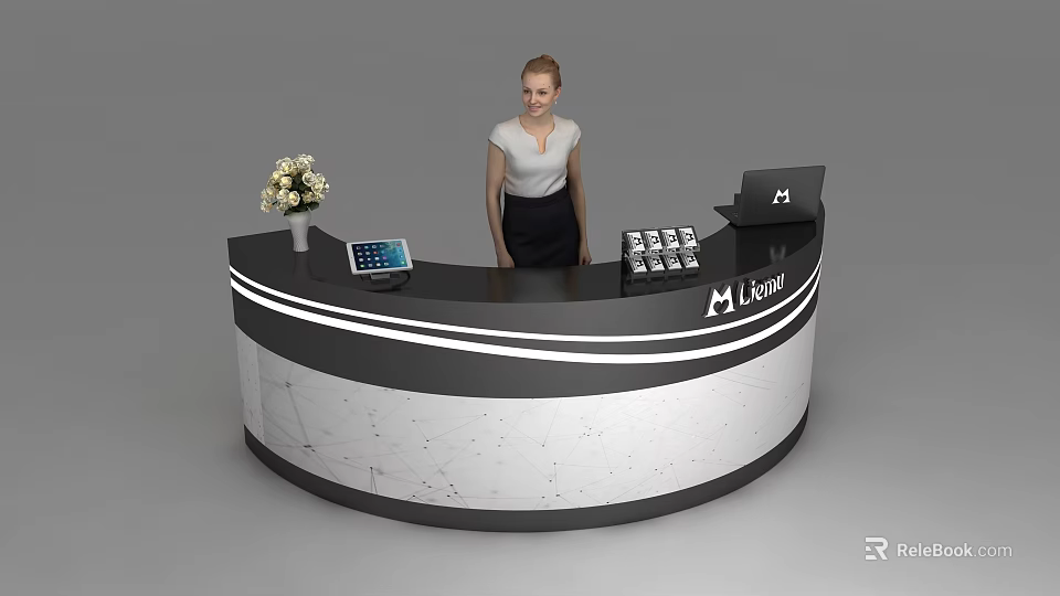Modern Reception Desk With Marble Countertop Flower Arrangement Tablet And Ligina Logo 3d model 