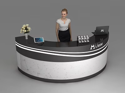 Modern Reception Desk With Marble Countertop Flower Arrangement Tablet And Ligina Logo 3d model