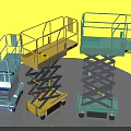 Three Colored Mobile Scissor Lift Platforms With Guardrails And Wheels