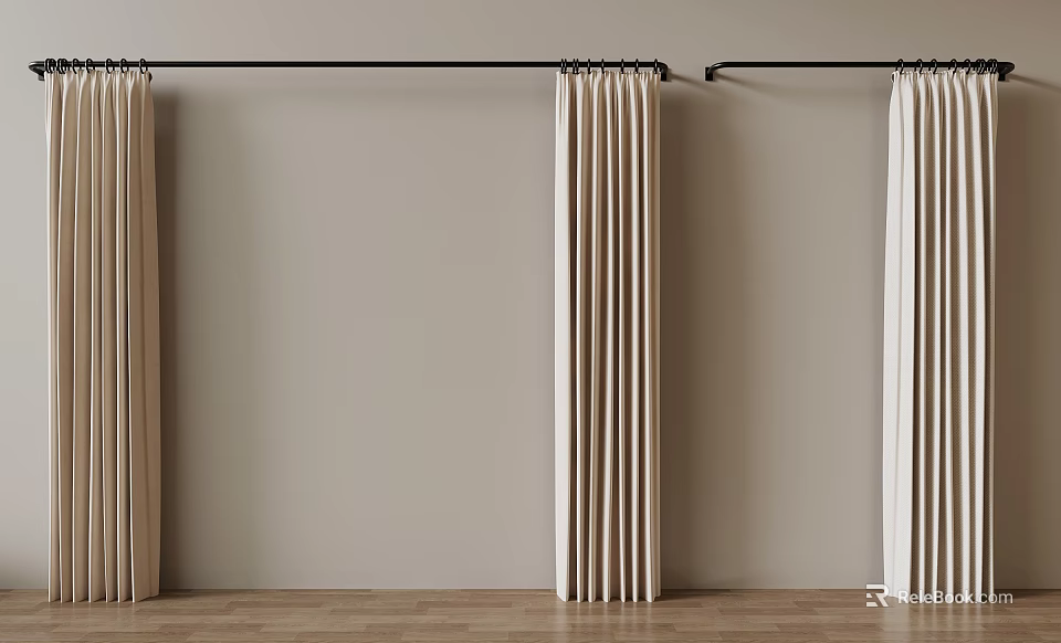 Minimalist Beige Linen Curtains Hanging On Wall Rail For Modern Home Interior 3d model 