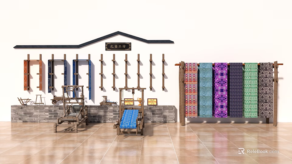 Traditional Textile Industrial Equipment Display with Weaving Looms Tools and Colorful Fabric Samples 3d model 