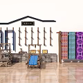 Traditional Textile Industrial Equipment Display with Weaving Looms Tools and Colorful Fabric Samples