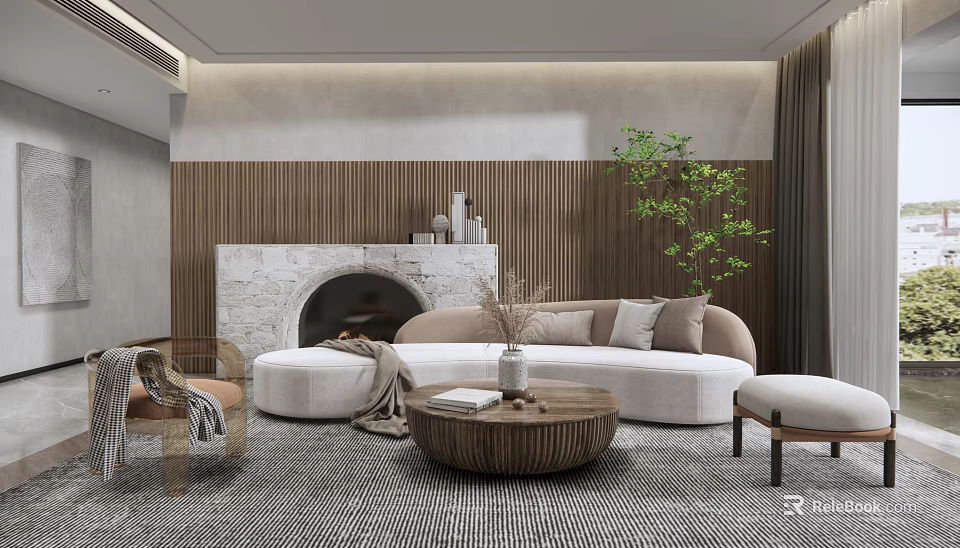 Modern Living Room Interior With Curved Sofa Stone Fireplace And Round Wooden Coffee Table 3d model 