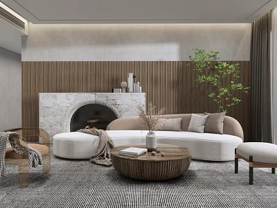 Modern Living Room Interior With Curved Sofa Stone Fireplace And Round Wooden Coffee Table 3d model