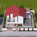 Modern Detached Villa Exterior With White Walls Sloped Roof Wooden Gate And Green Plants