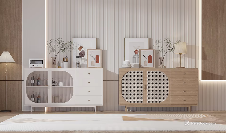 White Console Cabinet and Wooden Sideboard with Glass Grid Doors Drawers Plants Table Lamp Decorations 3d model 