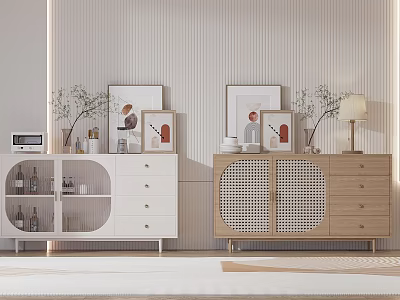 White Console Cabinet and Wooden Sideboard with Glass Grid Doors Drawers Plants Table Lamp Decorations 3d model