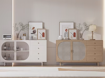 White Console Cabinet and Wooden Sideboard with Glass Grid Doors Drawers Plants Table Lamp Decorations 3d model