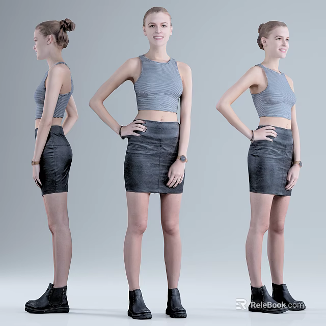 Woman Wearing Gray Sleeveless Crop Top And Dark Short Skirt In Three Angles 3d model 