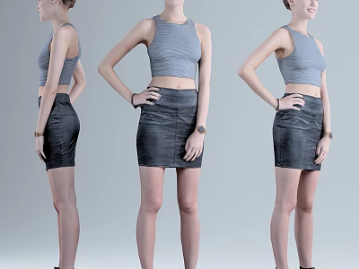 Woman Wearing Gray Sleeveless Crop Top And Dark Short Skirt In Three Angles 3d model