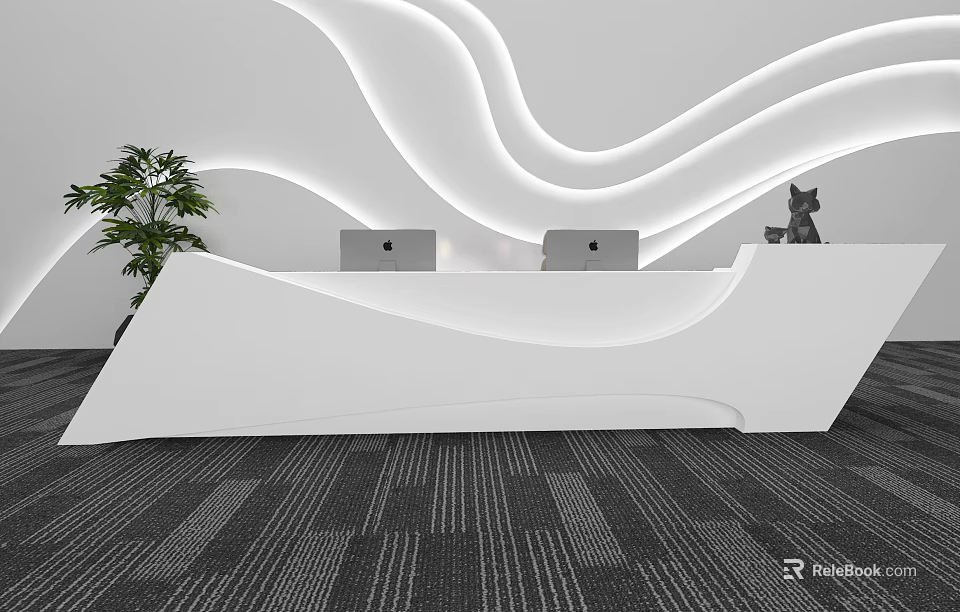 Modern White Curved Reception Desk with Two Laptops Green Plant Cat Ornament on Gray Carpet 3d model 
