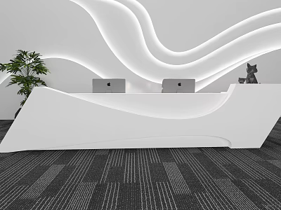 Modern White Curved Reception Desk with Two Laptops Green Plant Cat Ornament on Gray Carpet 3d model
