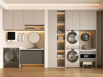 Modern Laundry Room With Washing Machine Dryer Cabinets Sink And Shelves 3d model