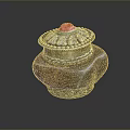 Red Vessel With Silver Decorated Lid And Red Gemstone On Dark Background