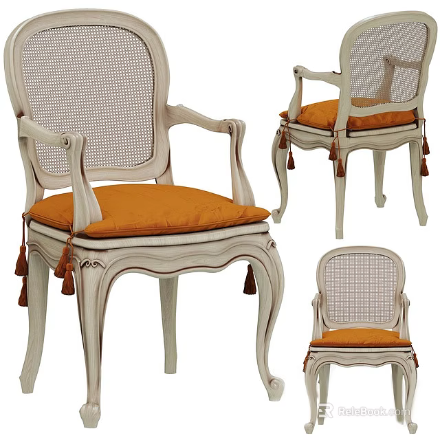 French Style Single Chair With Rattan Back White Wooden Frame And Orange Cushion Tassel Trim 3d model 