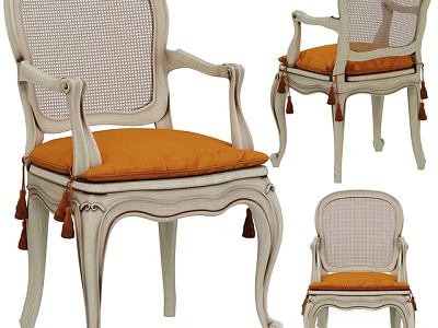 French Style Single Chair With Rattan Back White Wooden Frame And Orange Cushion Tassel Trim 3d model