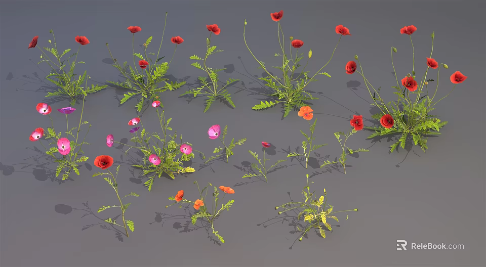Scattered Red and Pink Poppies with Green Stems and Leaves on Gray Background 3d model 