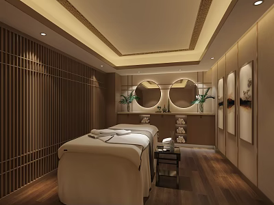 Serene SPA Sauna Interior With Massage Bed Wooden Flooring Plants And Relaxing Ambiance 3d model