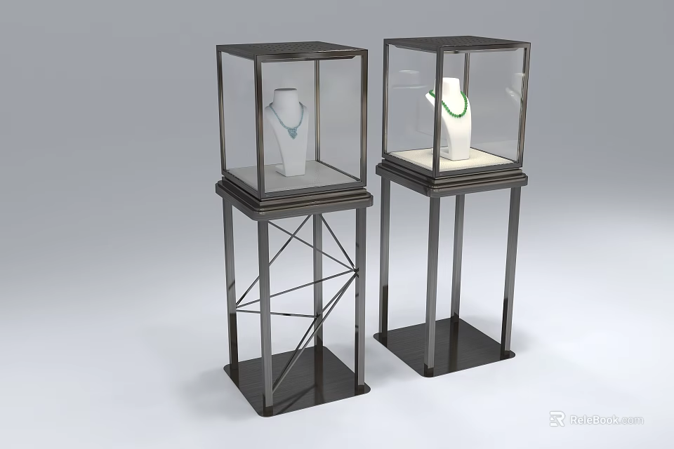 Standing Display Cases with Glass Enclosure and Metal Frame for Jewelry 3d model 