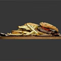 Juicy Beef Burgers with Fresh Vegetables and Crispy Fries on Wooden Tray
