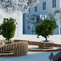 Modern Wooden Outdoor Chair With Curved Design In Garden Surrounded By Green Plants