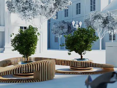 Modern Wooden Outdoor Chair With Curved Design In Garden Surrounded By Green Plants 3d model