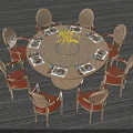 Round Dining Table Set With Rattan Backrest Chairs Orange Cushions Lazy Susan And Yellow Flowers