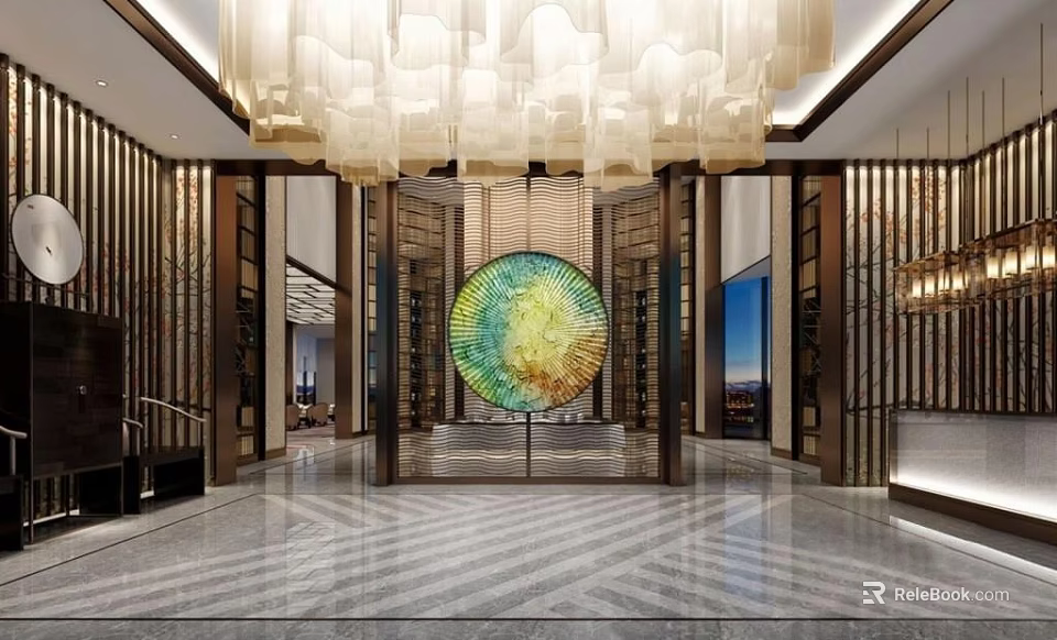 Luxurious Hotel Lobby Interior With Large Chandelier Circular Colorful Artwork And Marble Floor 3d model 