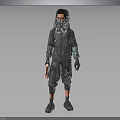 Futuristic Cyberpunk Character In Techwear Suit With Gas Mask And Mechanical Armored Details