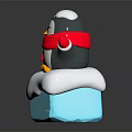 Cute Penguin Doll with Red Scarf and Mittens Standing on Blue Ice Block with Snow
