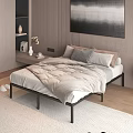 Modern Double Bed with Vertical Striped Wall Black White Abstract Painting Nightstand and Table Lamp