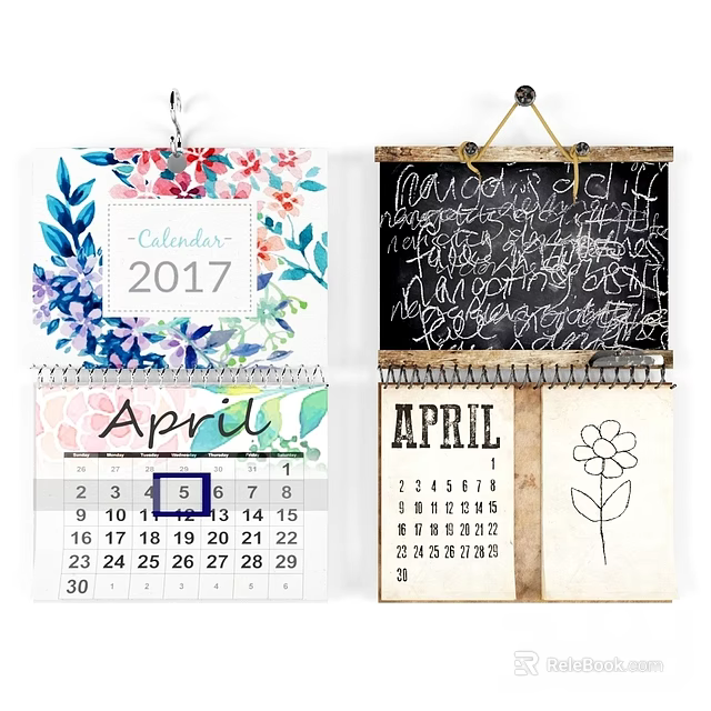 Decorative Wall Calendars With Floral Design April Month Display 2017 Edition And Chalkboard Style 3d model 