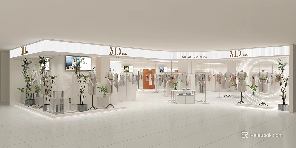 Modern Fashion Retail Counter In Shopping Mall With Mannequins Hanging Clothes And Bright 3d model 
