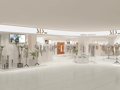 Modern Fashion Retail Counter In Shopping Mall With Mannequins Hanging Clothes And Bright 3d model