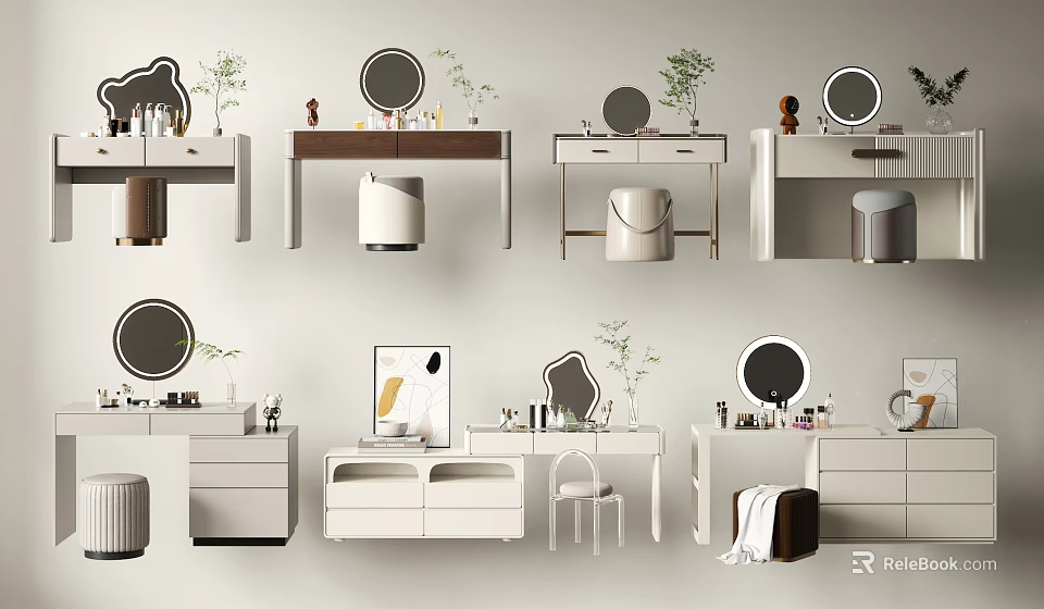 Modern Dressing Tables Interior Design with Round Mirrors Drawers and Decorative Plants 3d model 