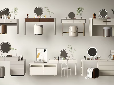 Modern Dressing Tables Interior Design with Round Mirrors Drawers and Decorative Plants 3d model