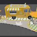 Yellow Food Truck With Outdoor Seating Umbrella Flamingo Decorations And 2023 Signage