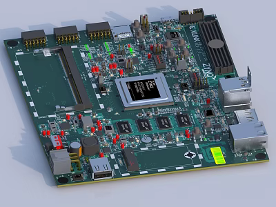 Green Circuit Board With Main Chip Capacitors Heat Sink And Connectors 3d model