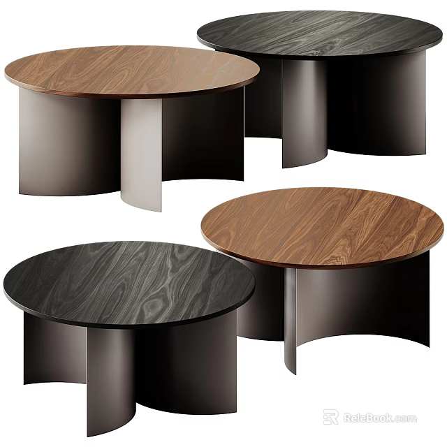 Modern Round Coffee Table With Wooden Surface And Black Metal Base Design 3d model 
