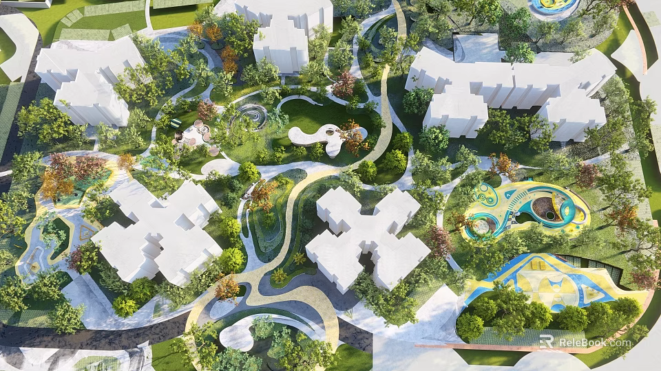 Residential Landscape With White Buildings Lush Greenery Winding Paths And Gardens 3d model 