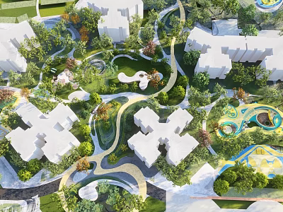 Residential Landscape With White Buildings Lush Greenery Winding Paths And Gardens 3d model