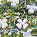 Residential Landscape With White Buildings Lush Greenery Winding Paths And Gardens