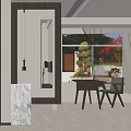 Modern Room Divider With Wooden Frame Marble Countertop Mirror Pendant Light And Dining Area